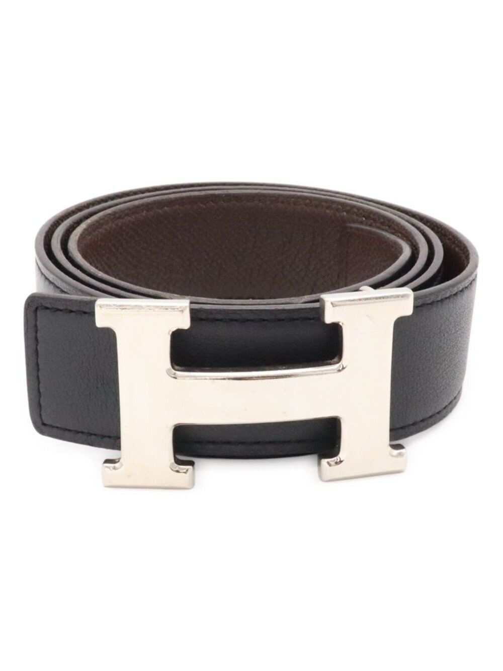 Hermes H Belt H Buckle Reversible Veau Swift Black Chocolat Brown Silver 80